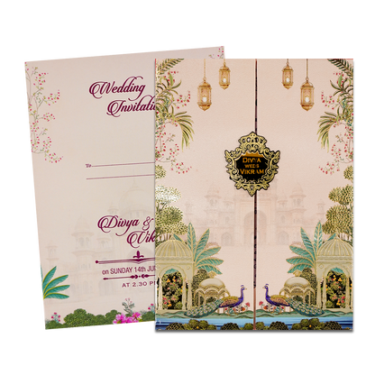 Cream Palace Peacock Padded Wedding Card-KNPO9534C