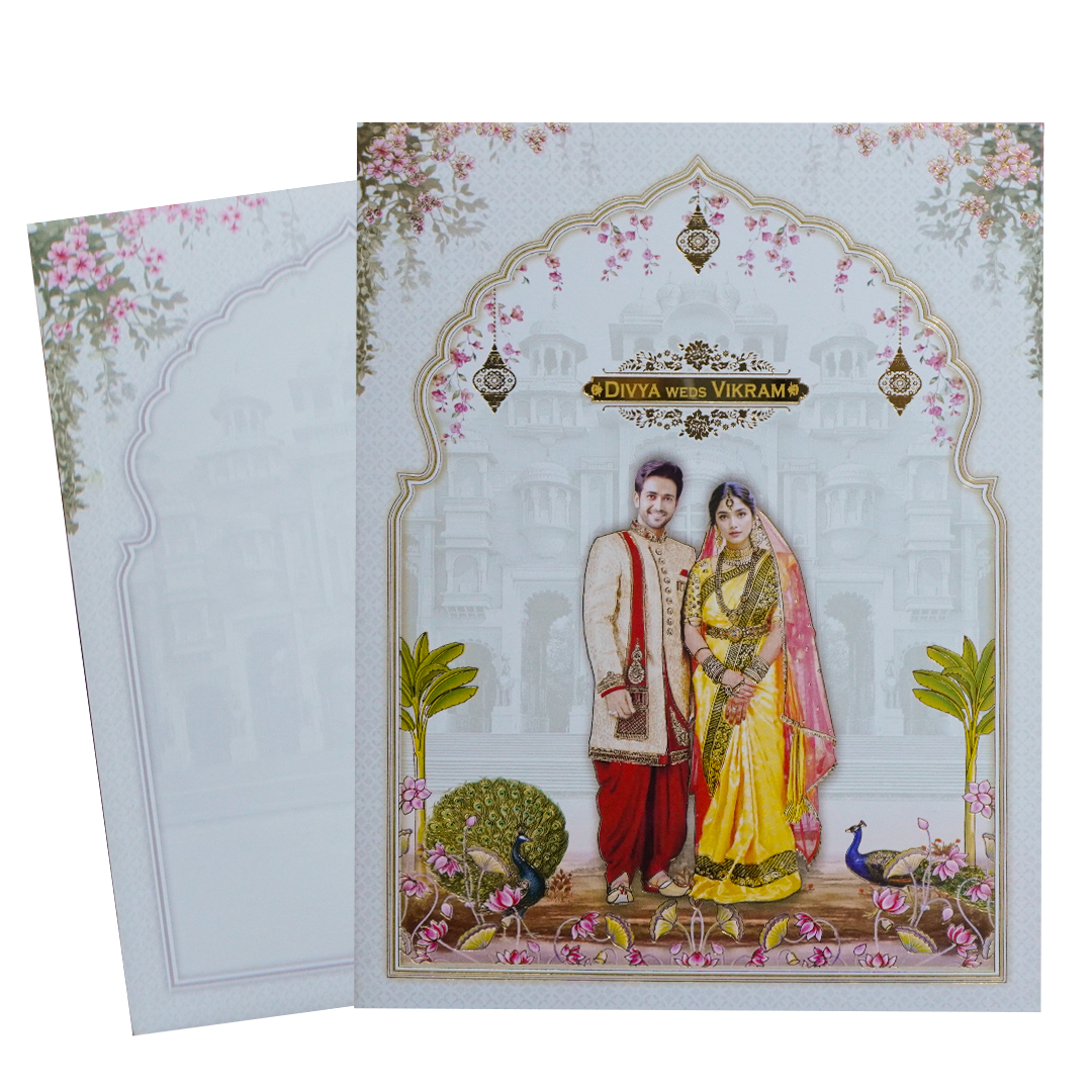 White Palace Couple Lotus Wedding Card-KNKJ1151