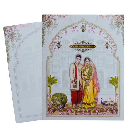 White Palace Couple Lotus Wedding Card-KNKJ1151