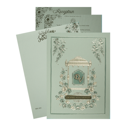 Check out Green Gold Mandap Padded Wedding Card at best price. ✅WhatsApp Support ✅Express Delivery.|King of cards.