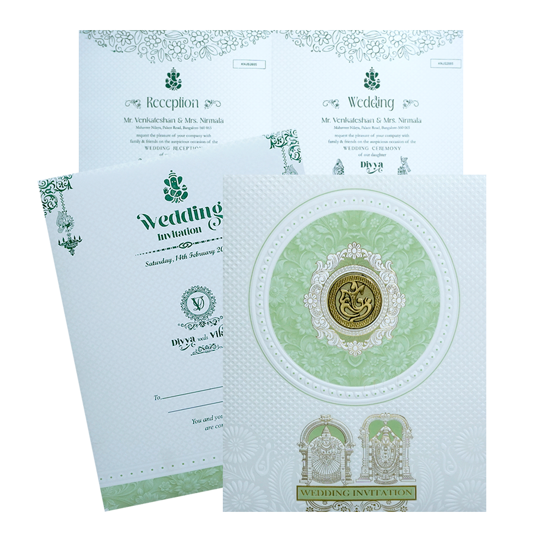 White Balaji Padmavthi Green Floral Wedding Card-KNJS2085G