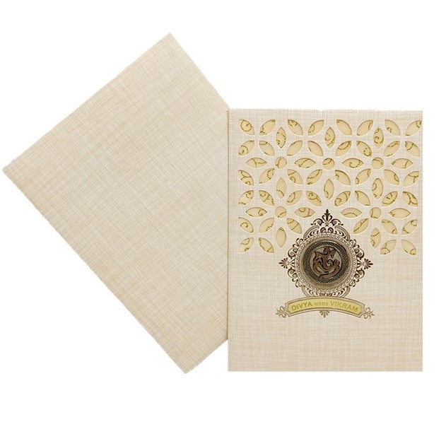 Sandal Metallic Laser Cut Wedding Card In Gold Wolly-KNK7034S