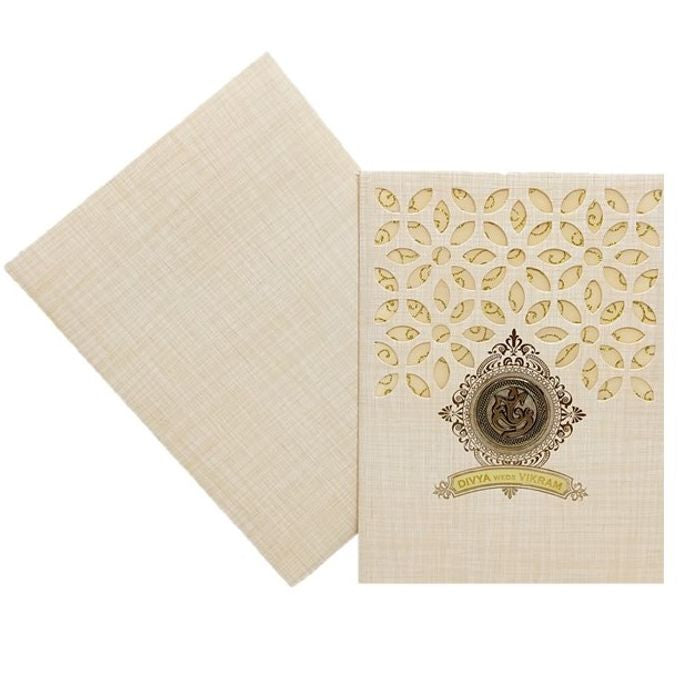Sandal Metallic Laser Cut Wedding Card In Gold Wolly-KNK7034S-King of Cards