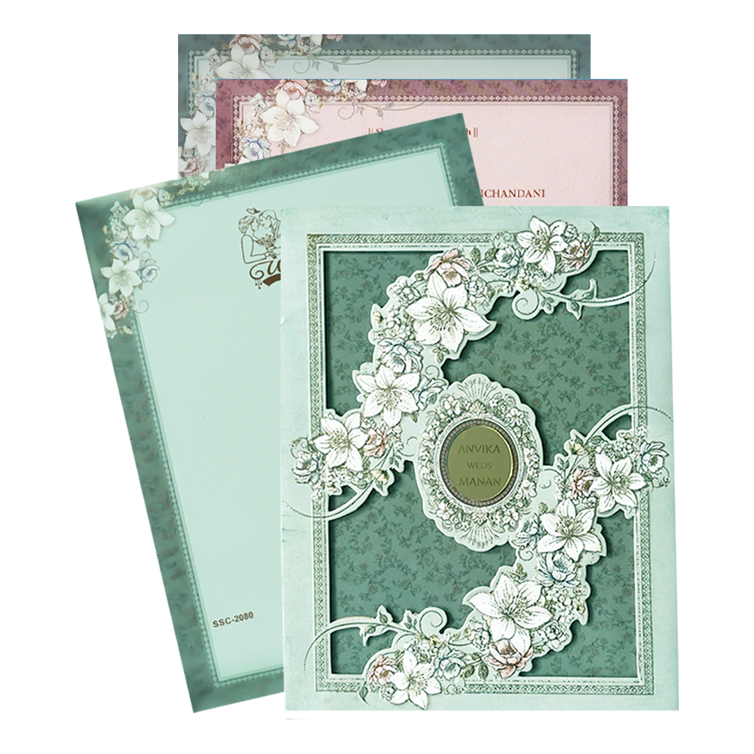 Check out Blue Floral Padded Wedding Card at best price.✅WhatsApp Support ✅Express Delivery.|King of cards.
