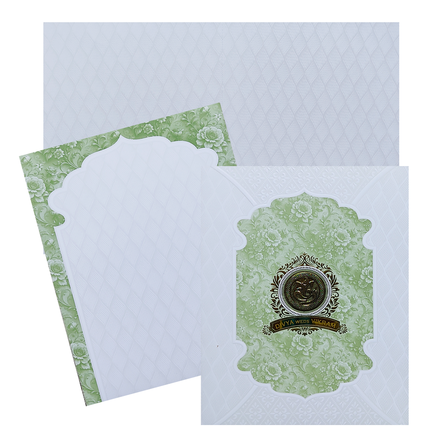 Celebrate in style with customized White Embossed Green Floral Wedding Card Order now! ?WhatsApp Support ?Express Delivery.