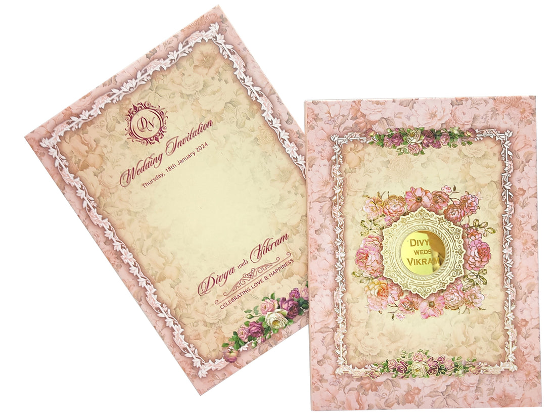 Pink Padded Floral Wedding Card In Offset Design-KNPO9531P