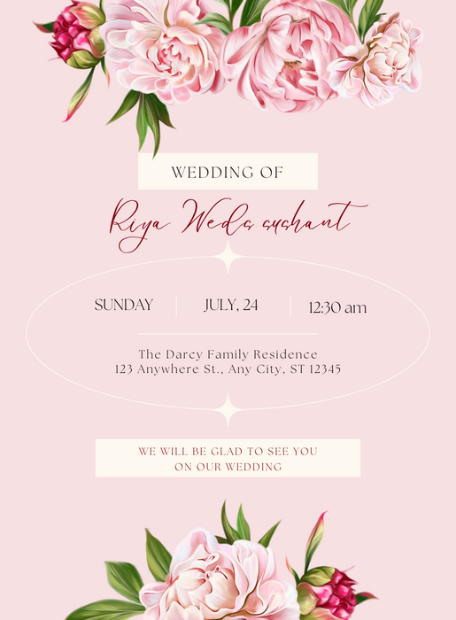 Watercolour Pink Peonies Wedding Invitation-EINK0057