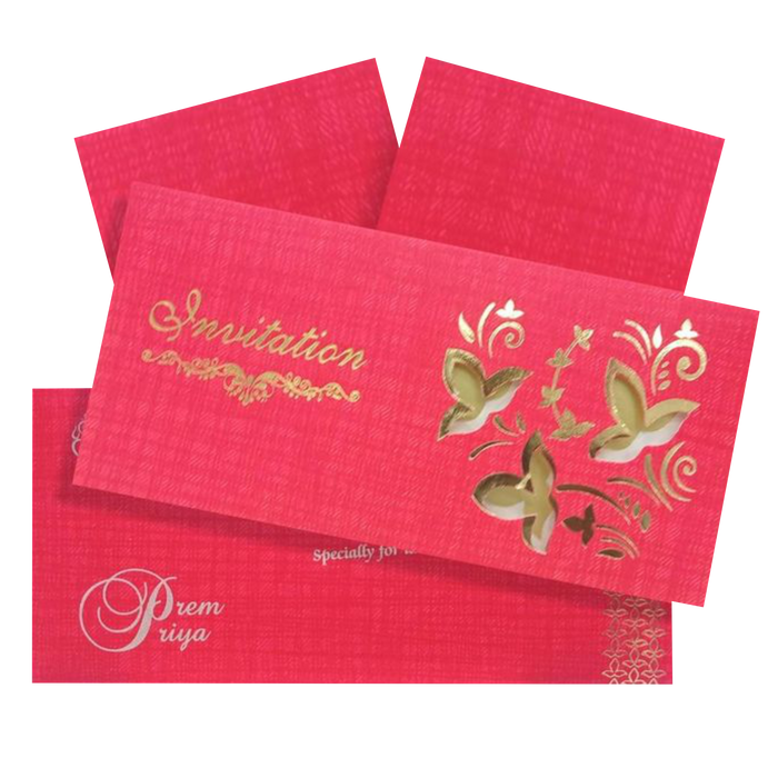Invitation with gold foiling is imprinted at the left side of the card. Floral cut design with gold foiling background at the right side makes the card more lovely and terrific. This card is in red shading with a perfect metallic finish. This card is a personal invite card with a horizontal sort. Make your wedding awesome with this card. Reach us to know more.