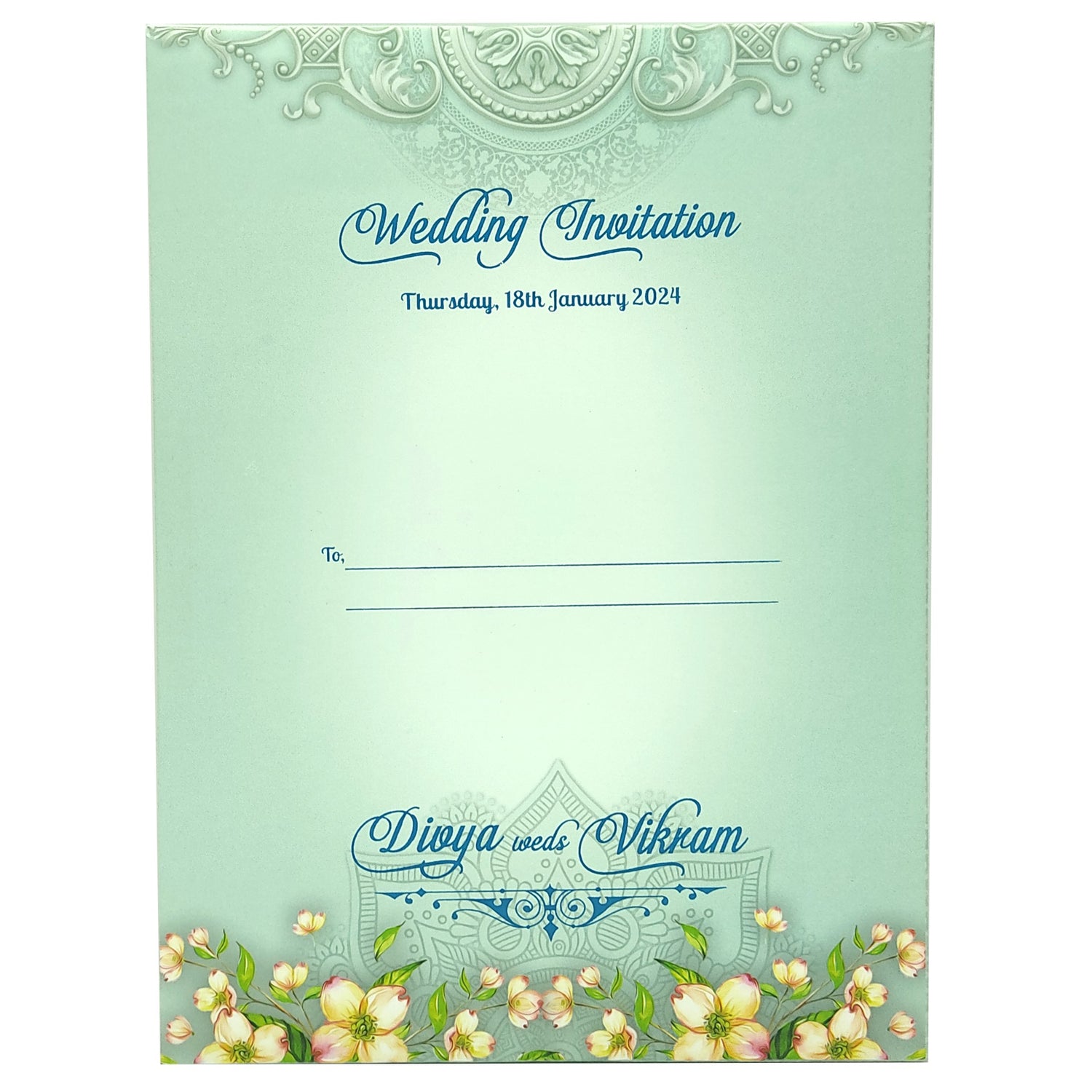 Blue Padded Floral Wedding Card In Offset-KNPO9530B