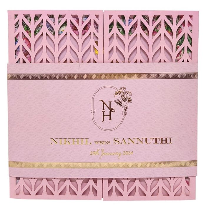 Pink Trendy Laser Cut Invitation With Gold Wedding Logo-KNKYP003-King of Cards