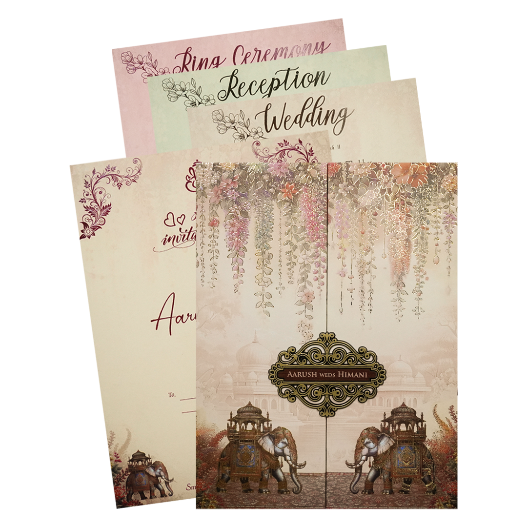 Check out Cream Floral Elephant Padded Wedding Card at best price.✅WhatsApp Support ✅Express Delivery.|King of cards.