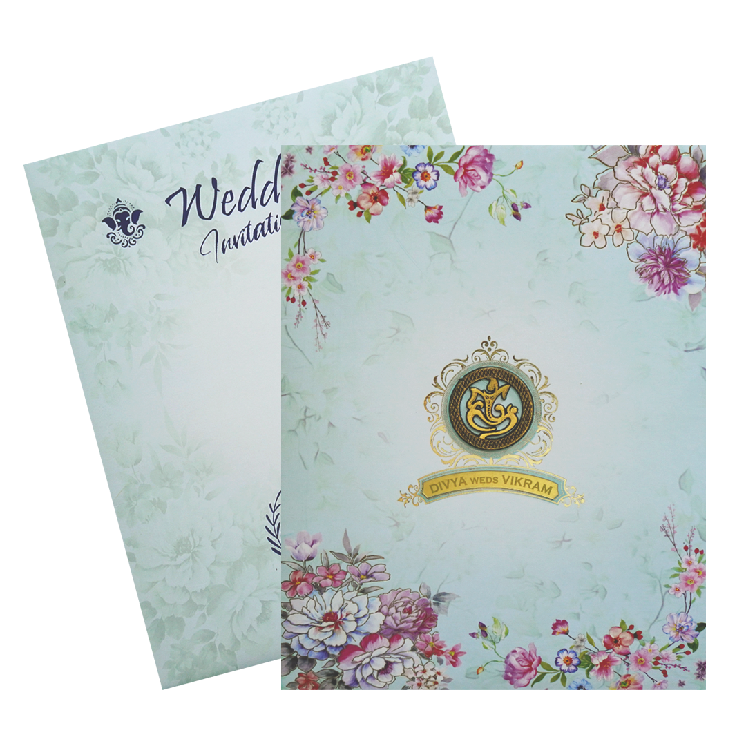 Mint Blue Floral Ganesha Wedding Card-KNKJ1089