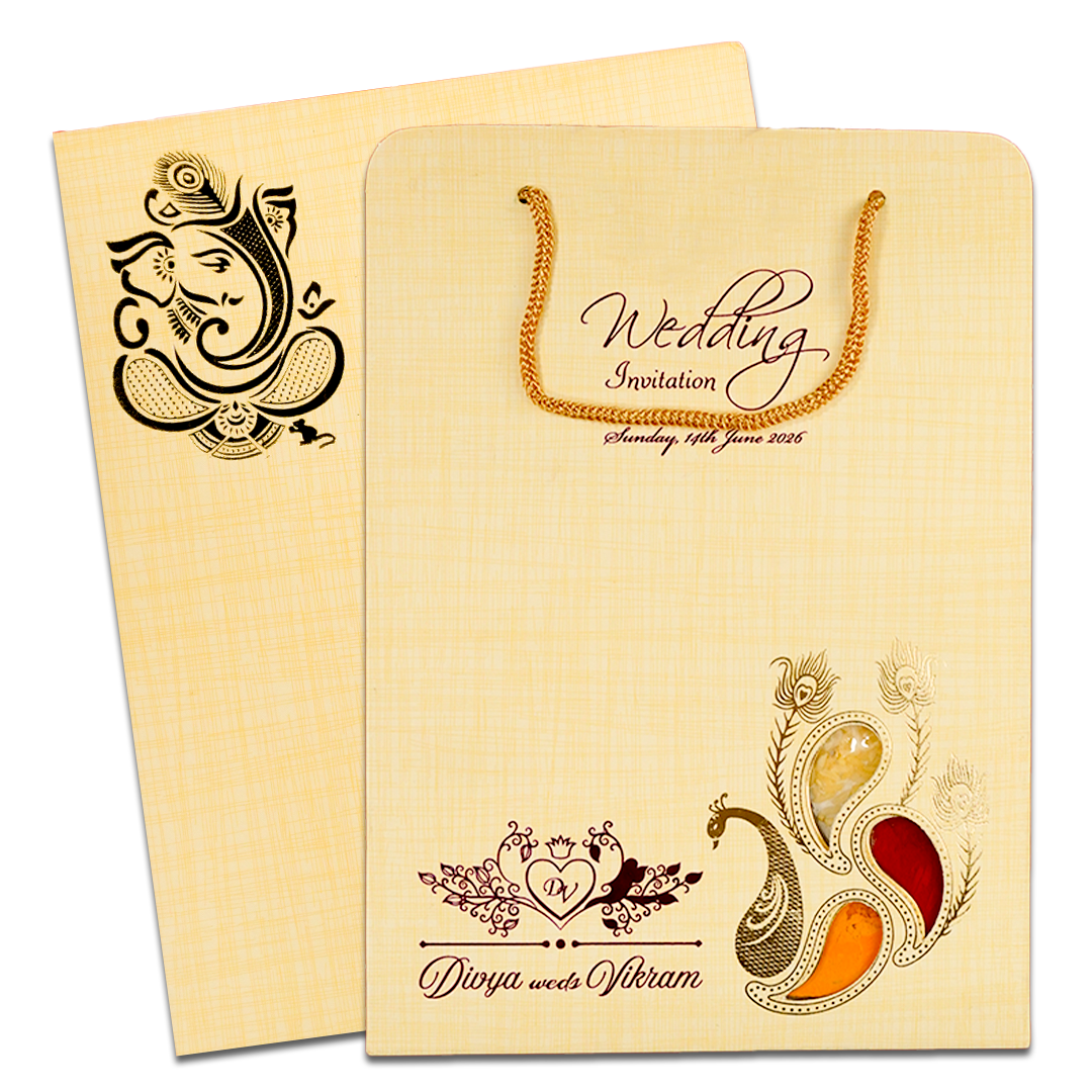 Yellow Peacock Feather Padded Wedding Card-KNPS9516Y