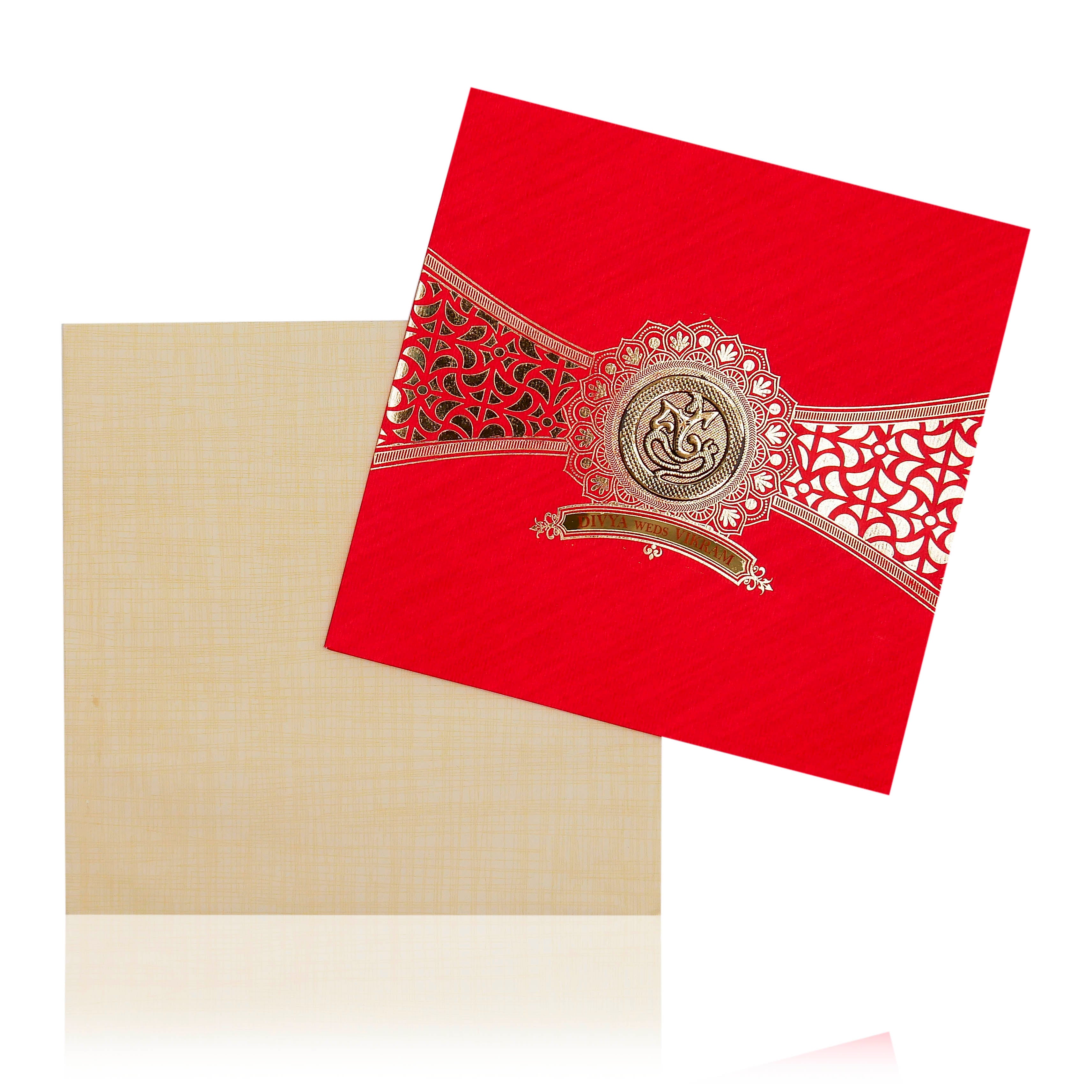 Red Wedding Invitation Card With Name Plate And Ganesha Sticker-KNBP902R