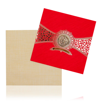 Red Wedding Invitation Card With Name Plate And Ganesha Sticker-KNBP902R
