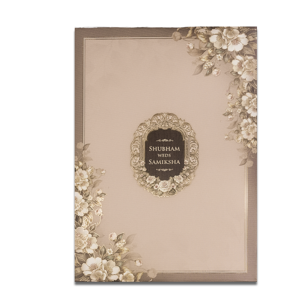Beige Floral Padded Wedding Card-KSH72550