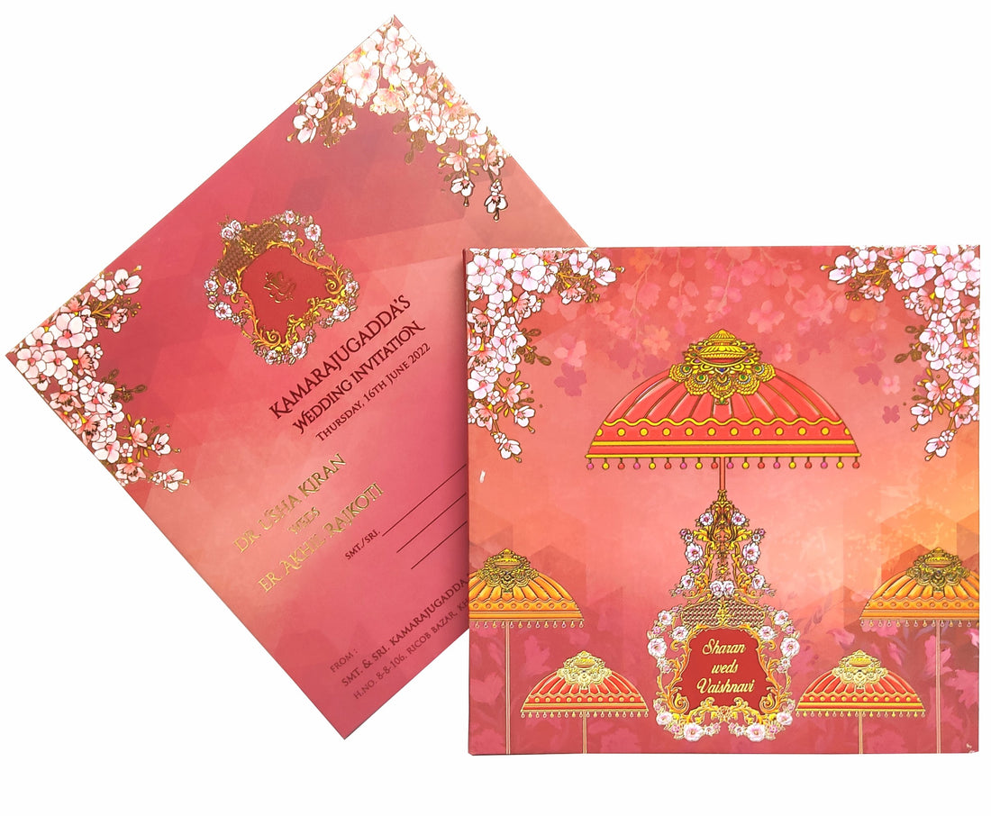 Red padded pink floral and designed umbrella scodix invitation card-KNPO03ZU