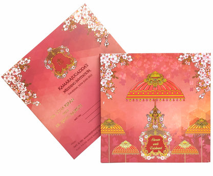Red padded pink floral and designed umbrella scodix invitation card-KNPO03ZU
