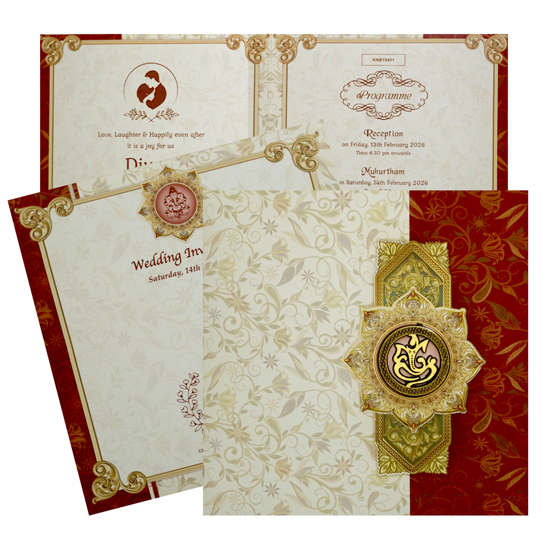Berry Red Graceful Floral Design Wedding Card In Offset Print-KNBY5401