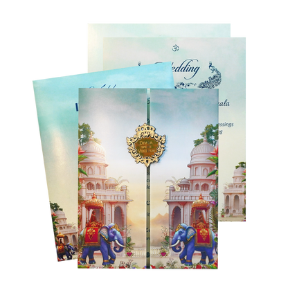 Invite in royal style with this palace theme door opening wedding card, adorned with majestic elephant motifs and a customized gold acrylic nameplate. Ideal for grand traditional weddings. ? WhatsApp Support ? Express Delivery