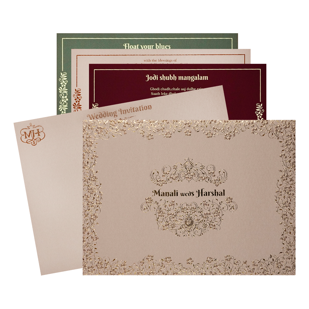 Grey Gold Floral Padded Wedding Card-KSI64310