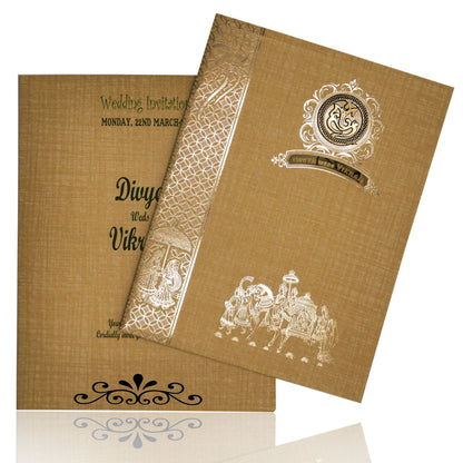 Brown Gold Jumbo Met Size Baraat Design Wedding Card-KNK50280
