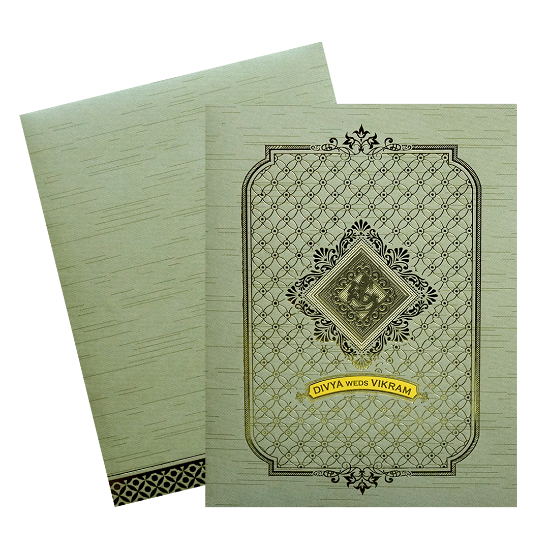 Pista Green Shiny Ganesha Wedding Card-KNKR5031G