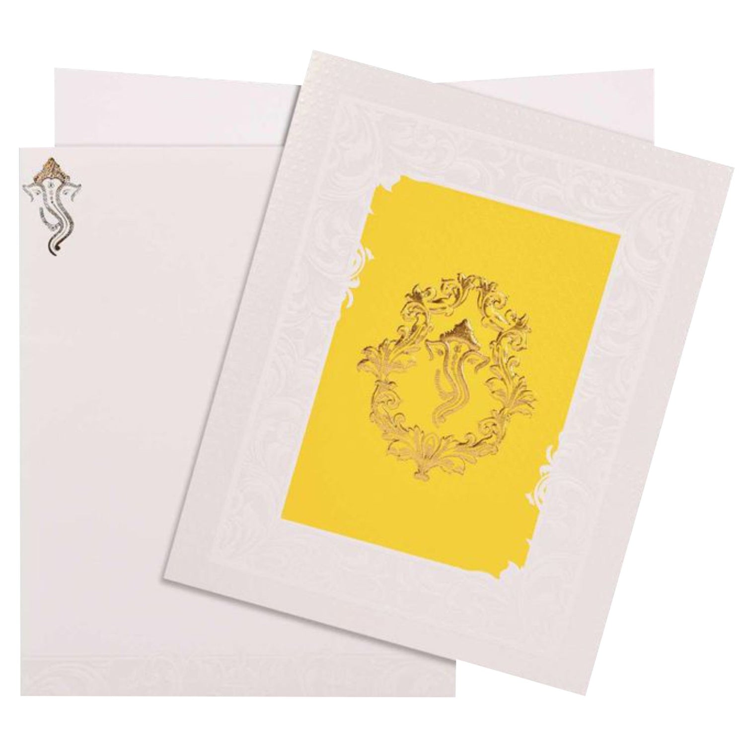 Check out the collection ofWhite and yellow shade ganesha gold foil printinvitation card at best price. ? Customer Support ? Home Delivery