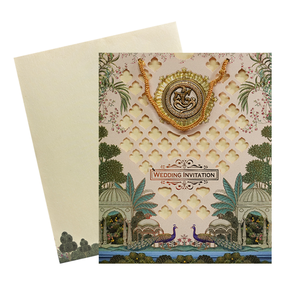 Cream Ganesha Peacock Wedding Bag Card-KNKQ8307