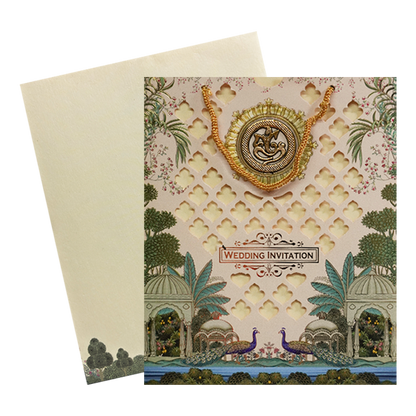 Cream Ganesha Peacock Wedding Bag Card-KNKQ8307