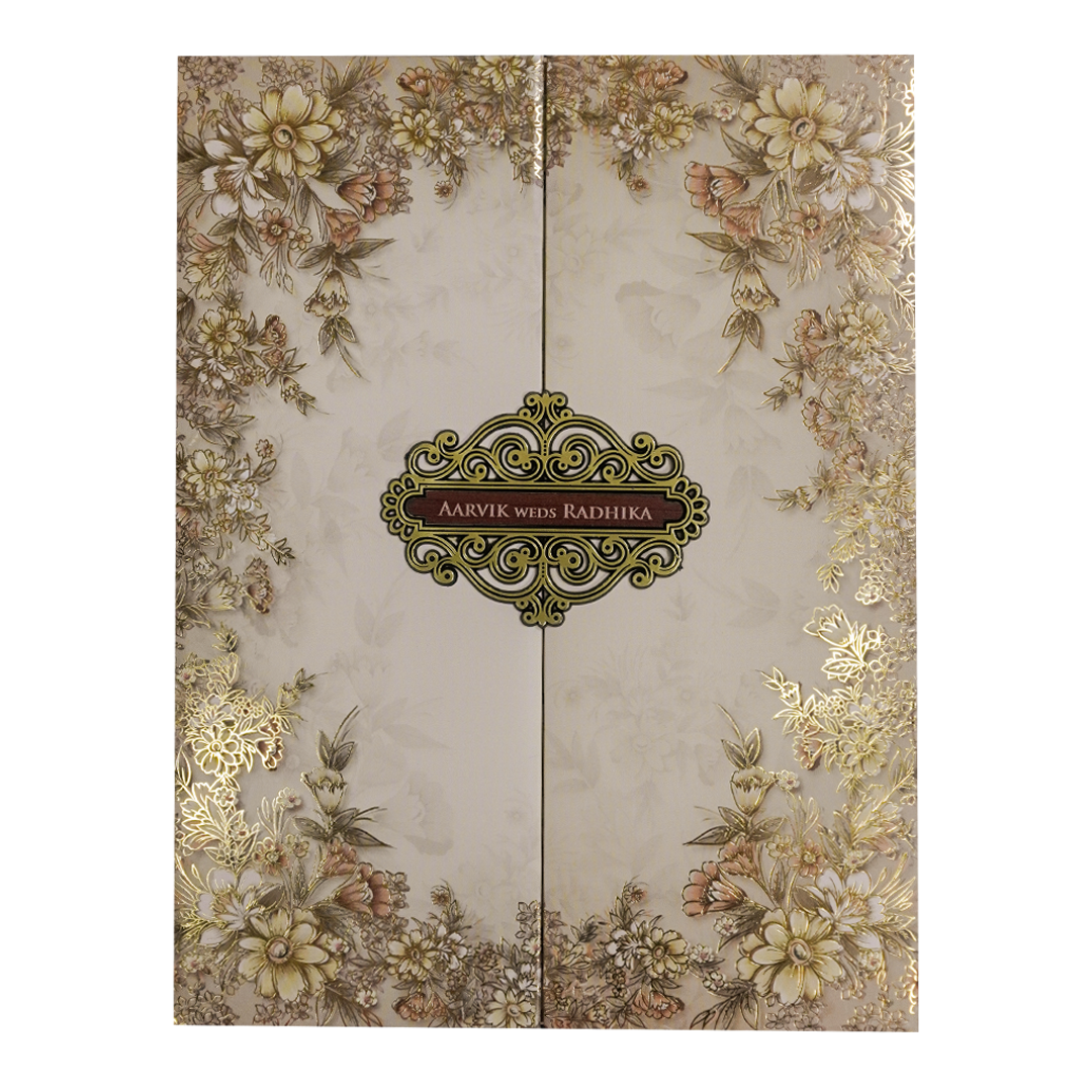 Cream Floral Padded Wedding Card-KSH72430