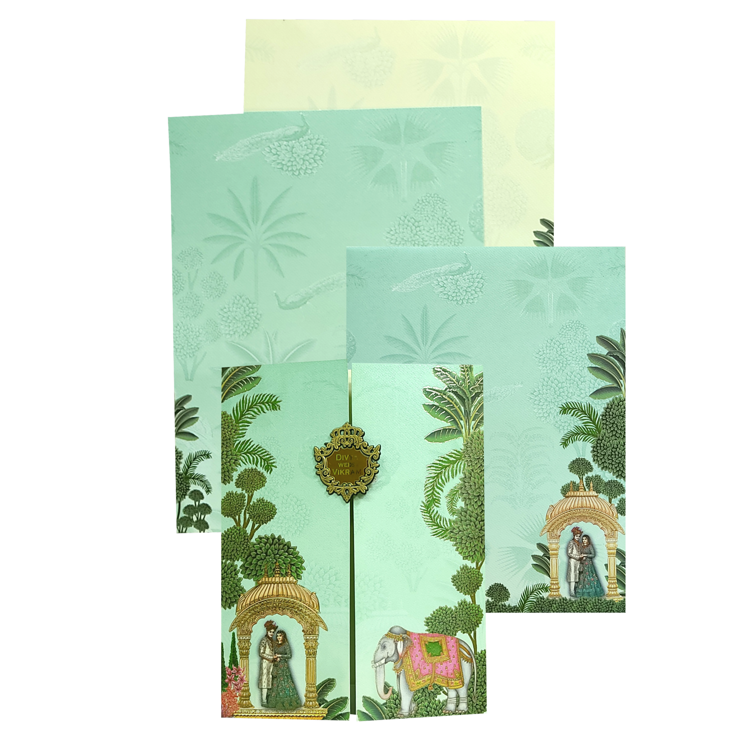 Green bride groom marriage card features door type opening with a nameplate and two inserts. Shipping and printing charges are extra.