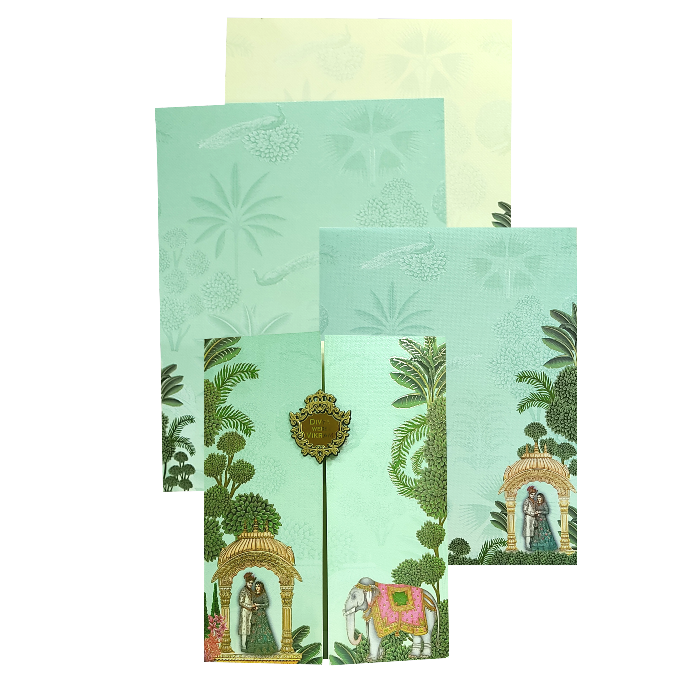 Green bride groom marriage card features door type opening with a nameplate and two inserts. Shipping and printing charges are extra.