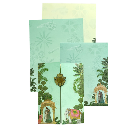 Green bride groom marriage card features door type opening with a nameplate and two inserts. Shipping and printing charges are extra.