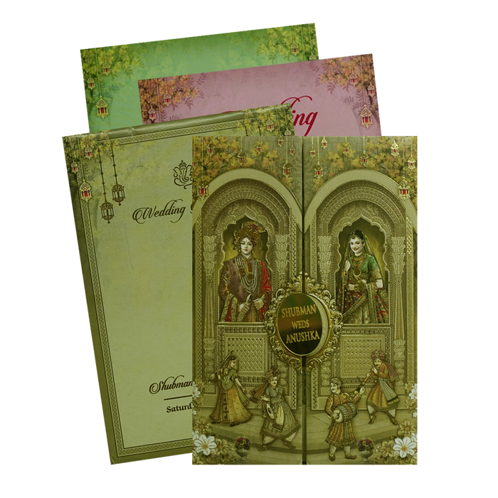 Mustard Green Padded Wedding Invitation Card-King of Cards