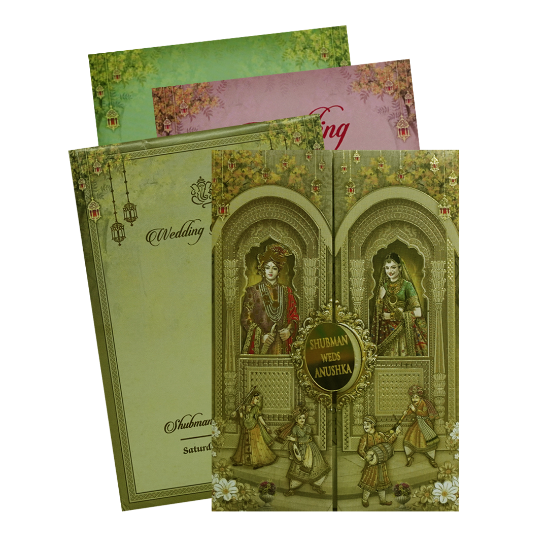 Mustard Green Padded Wedding Invitation Card-KRB8290