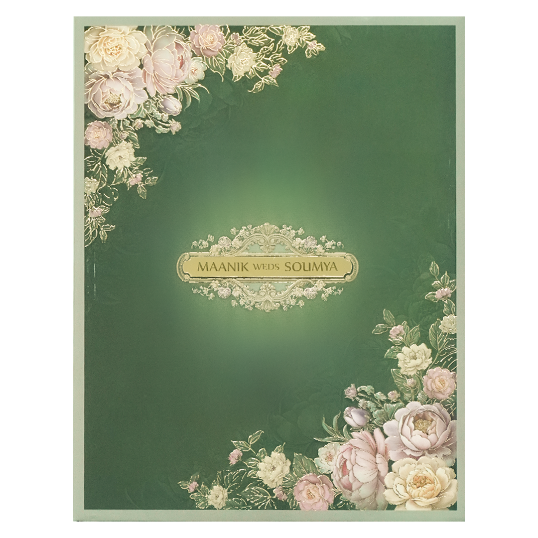 Dark Green Floral Padded Wedding Card-KSSC2490