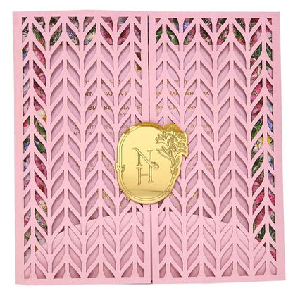 Pink Trendy Laser Cut Invitation With Gold Wedding Logo-KNKYP003-King of Cards