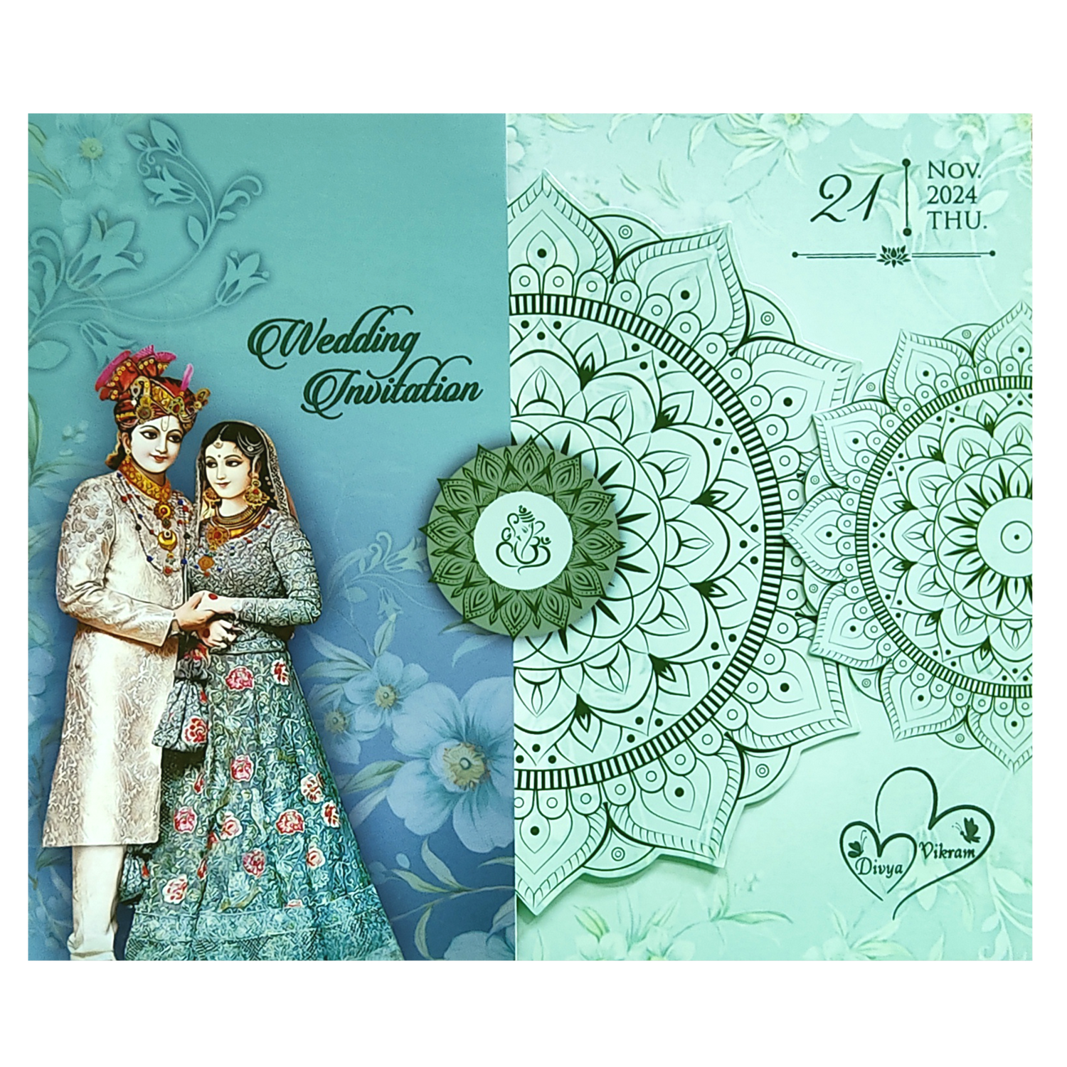 Green floral bride groom wedding card features mandala design with ganesha sticker. Shipping and printing charges are extra