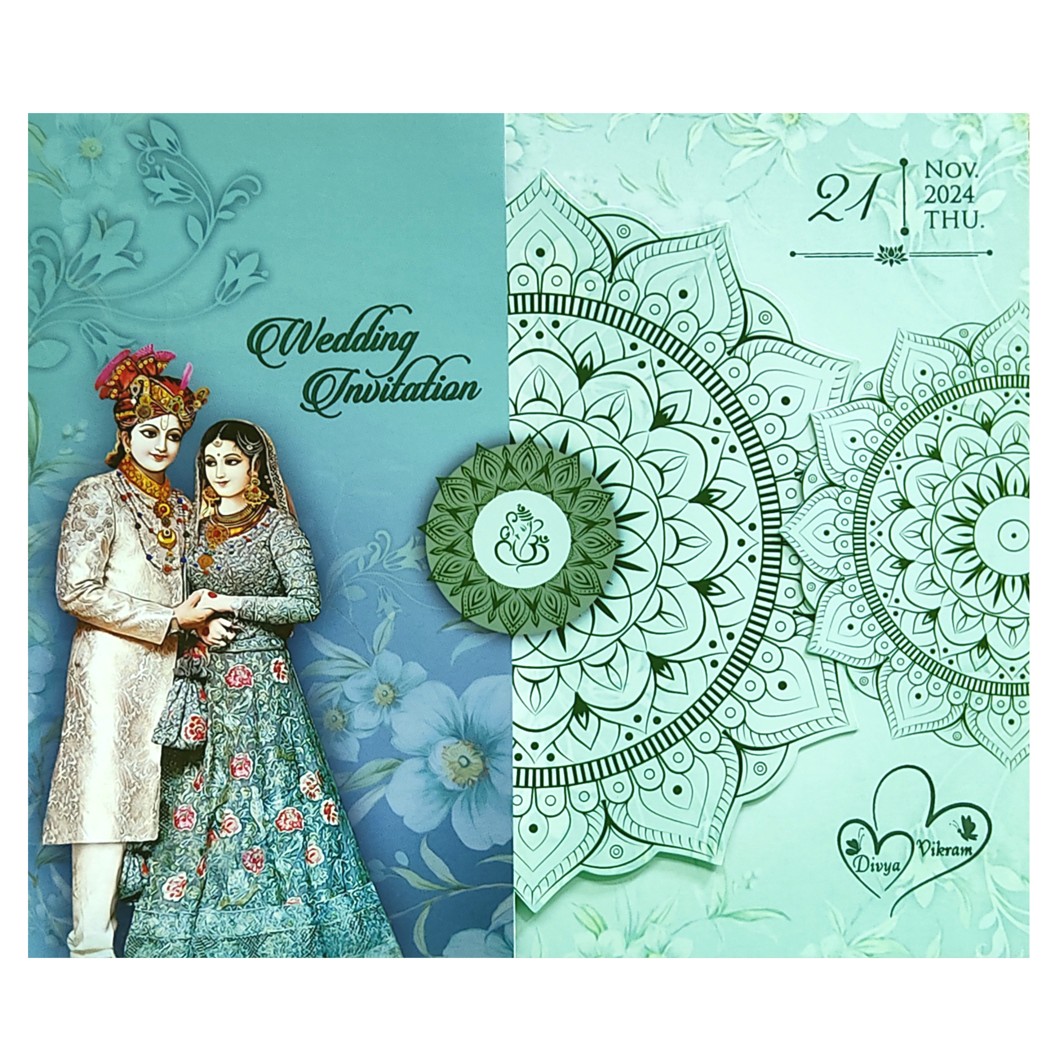 Green floral bride groom wedding card features mandala design with ganesha sticker. Shipping and printing charges are extra