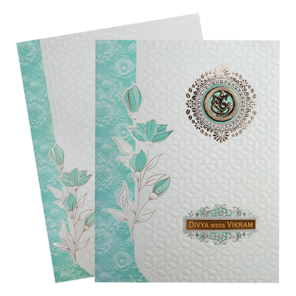 White Blue Floral Embossed Wedding Card-KNJS2086B