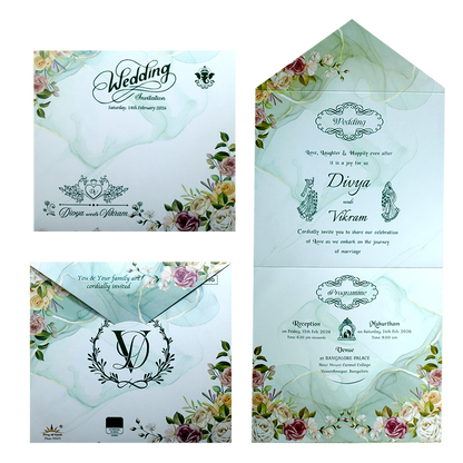 Pastel Green Floral Threefold Invitation Card-King of Cards