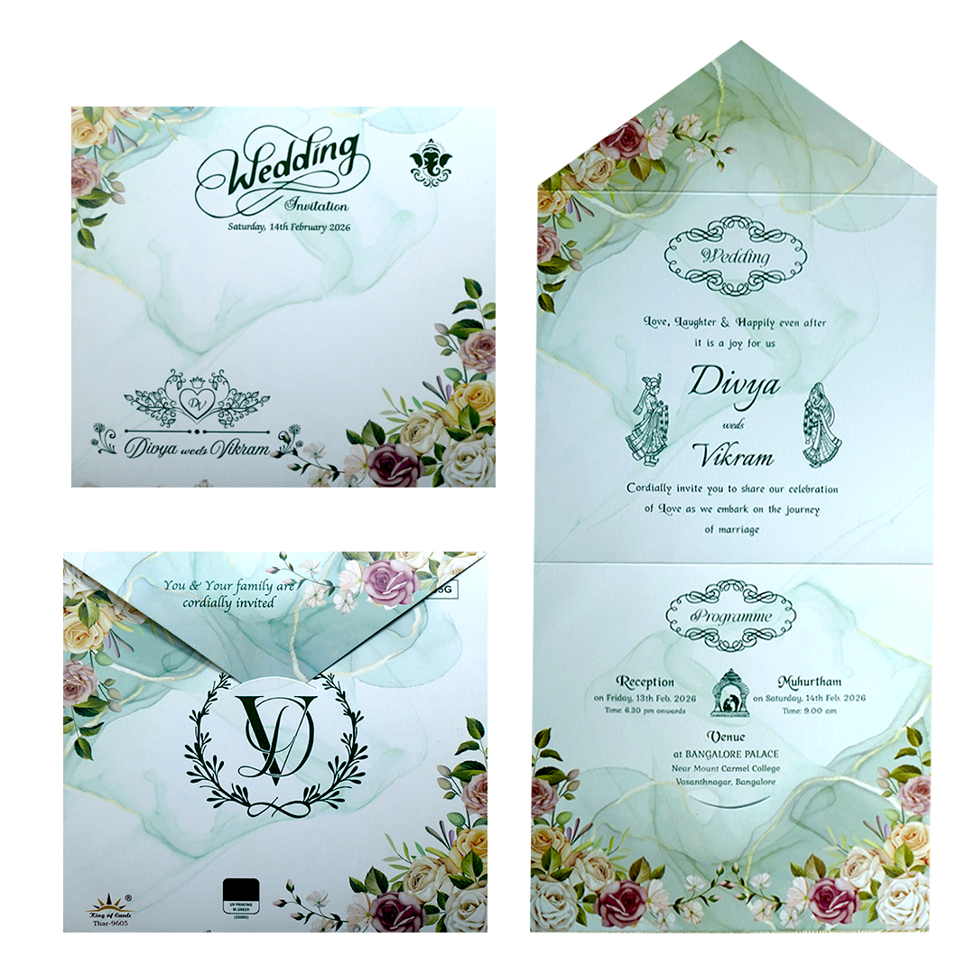 Pastel Green Floral Threefold Invitation Card-KNTH9605G