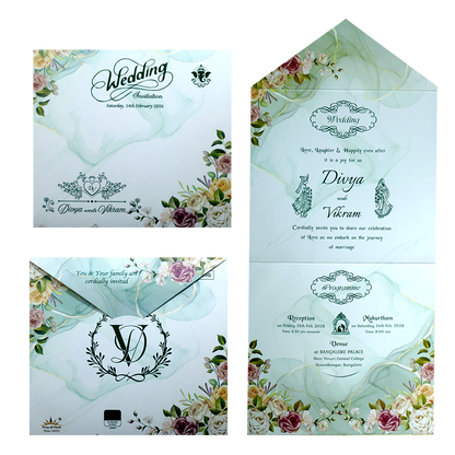 Pastel green threefold invitation card features floral smoky background with one insert and an envelope. Shipping and printing charges are extra.