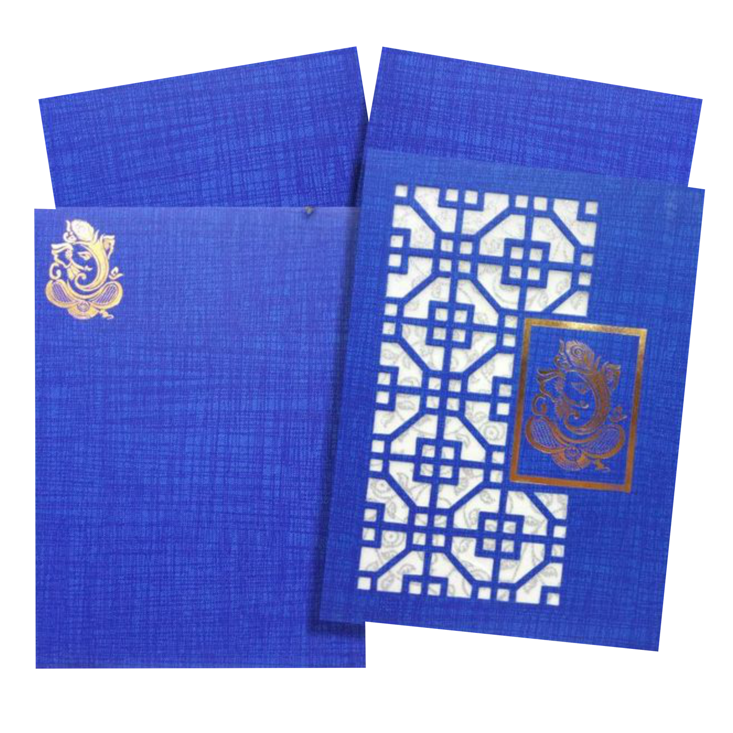 A cut design with window theme is made at the right side of the card. A wolly material with silver foiling is made as a background for the cut design which makes the card enchanting and grand. A unique design of Ganesha with gold foiling is imprinted at the left side with gold border. This card is a designer wedding card with vertical sort. This card has a conventional opening. A long foldable insert is attached with the card. Minimum quantity per order is 100. Get in touch with us to put in the order for t