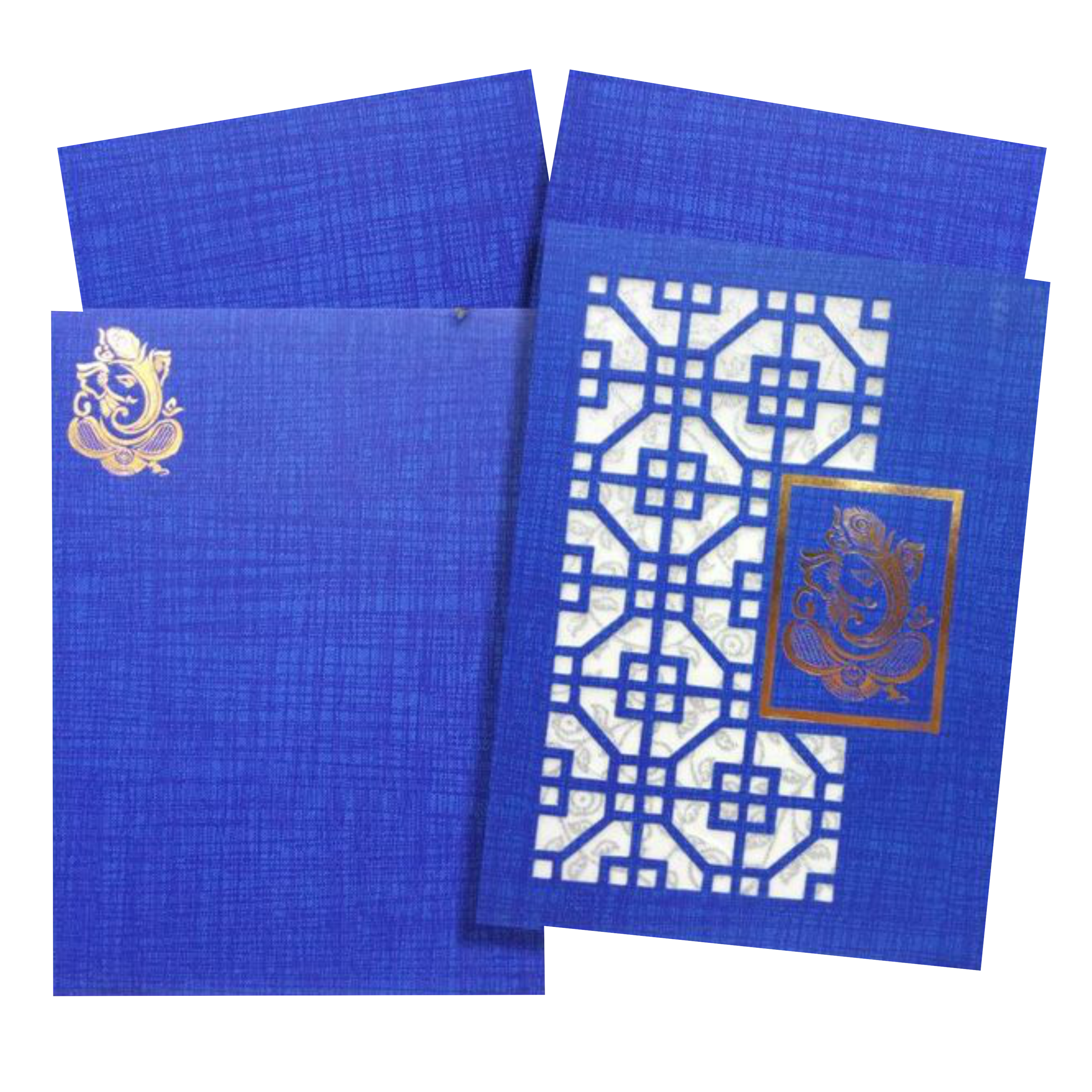 A cut design with window theme is made at the right side of the card. A wolly material with silver foiling is made as a background for the cut design which makes the card enchanting and grand. A unique design of Ganesha with gold foiling is imprinted at the left side with gold border. This card is a designer wedding card with vertical sort. This card has a conventional opening. A long foldable insert is attached with the card. Minimum quantity per order is 100. Get in touch with us to put in the order for t