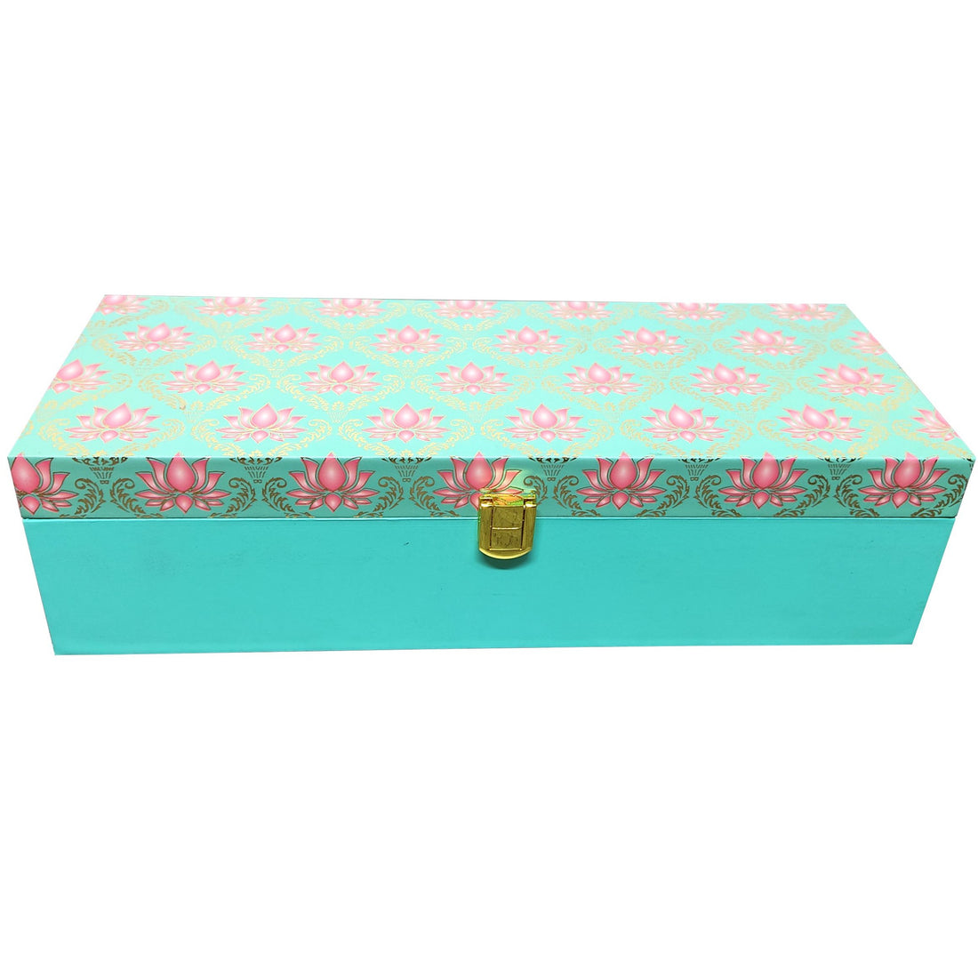 Green with pink floral elongated box invitation comes with a 6mm MDF material and a lock in gold color. This gift hamper includes a cavity where you can place three glass jar bowls filled with sweets.