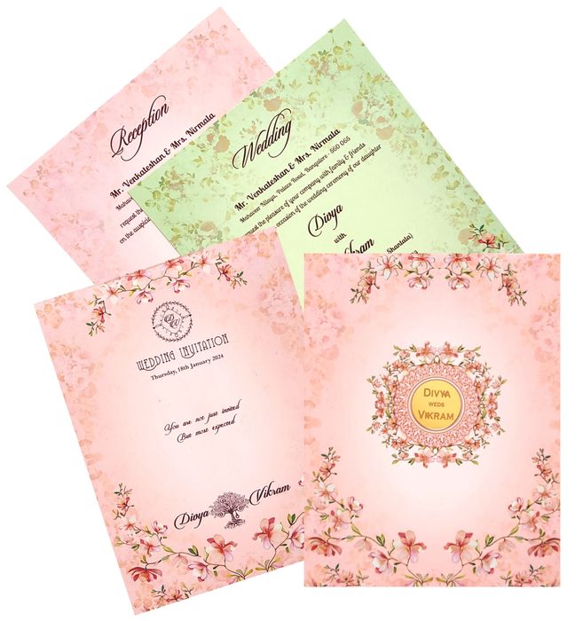 Pink Padded Floral Wedding Card In Offset Print-King of Cards
