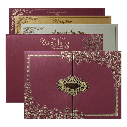Maroon Gold Floral Padded Wedding Card-KSSC2140