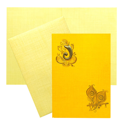 Orange Prince Met Contra Designer Wedding Card With Peacock Feather &amp; Lord Ganesha-KNPM704O